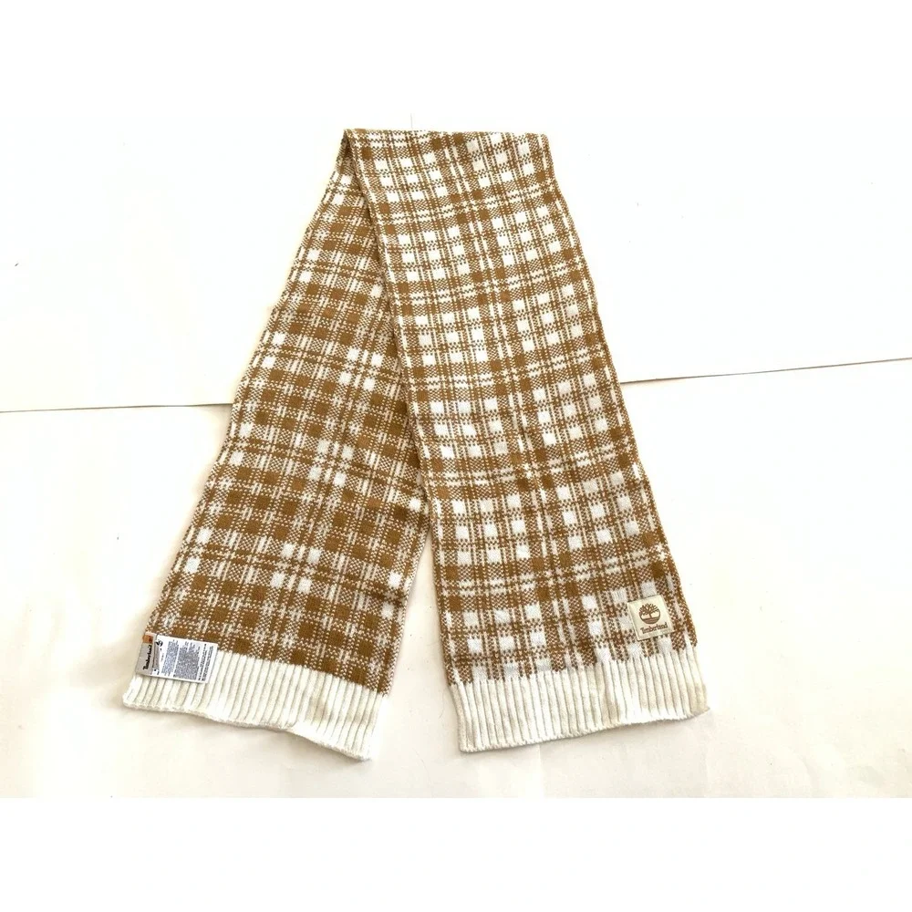 Timberland Plaid Knit Scarf Tan Cream NWOT Unisex Winter Cozy Soft Retails $60